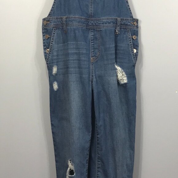 Forever 21 Overalls Womens 28 Blue Denim Jeans Distressed Straight Button Pocket - Picture 2 of 16